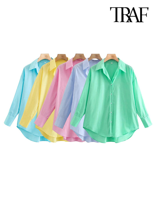 TRAF Women Fashion Loose Asymmetry Poplin Blouses Vintage Long Sleeve