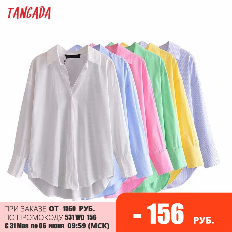 Tangada Women Basic Candy Color Shirts Long Sleeve Solid Turn Down Collar Elegant Office